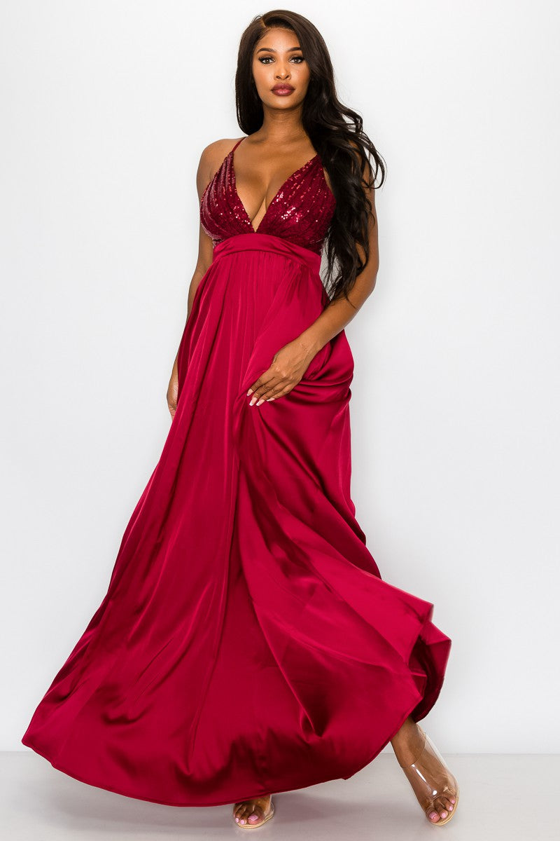 Vestido Largo Sequence V-Neck Halter Maxi Dress