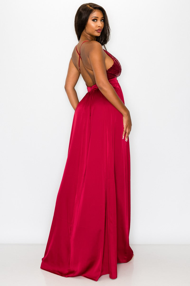 Vestido Largo Sequence V-Neck Halter Maxi Dress