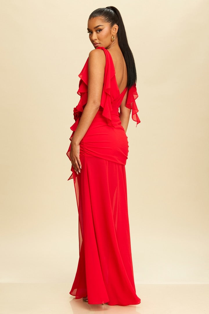 Vestido largo Tie Shoulder Ruched Side Slit Dress