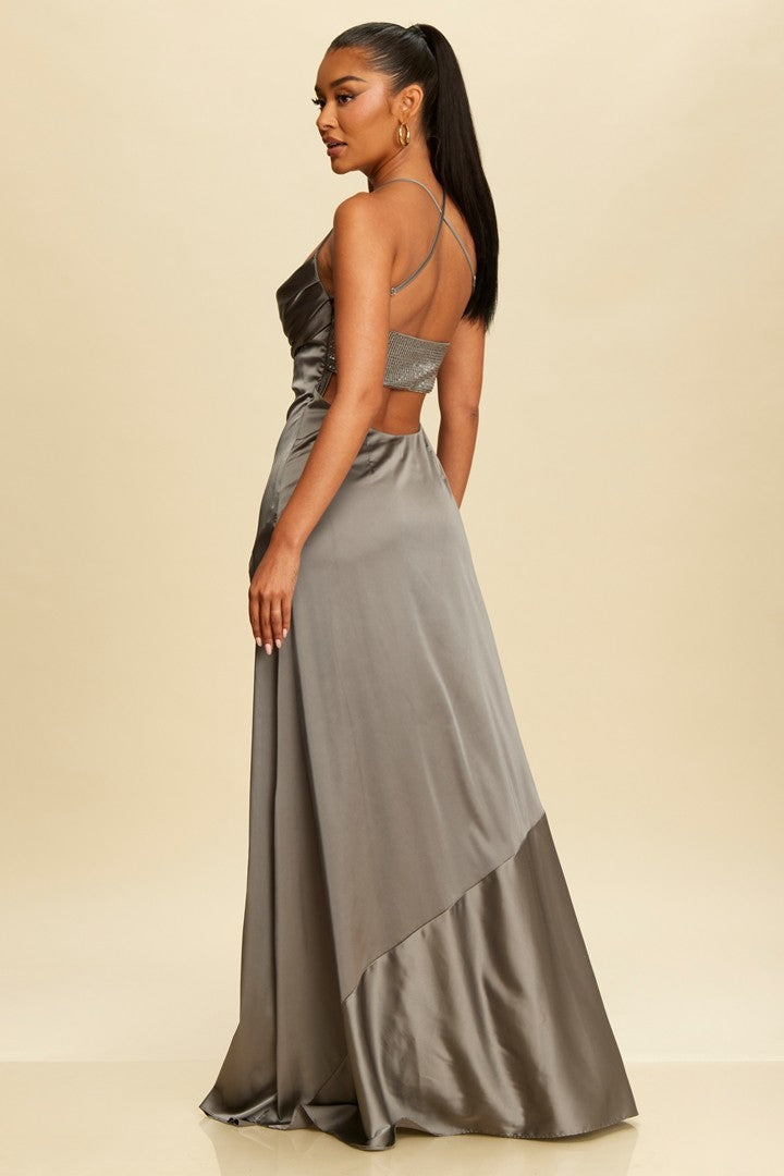 Vestido Largo Studded Satin Slip Dress