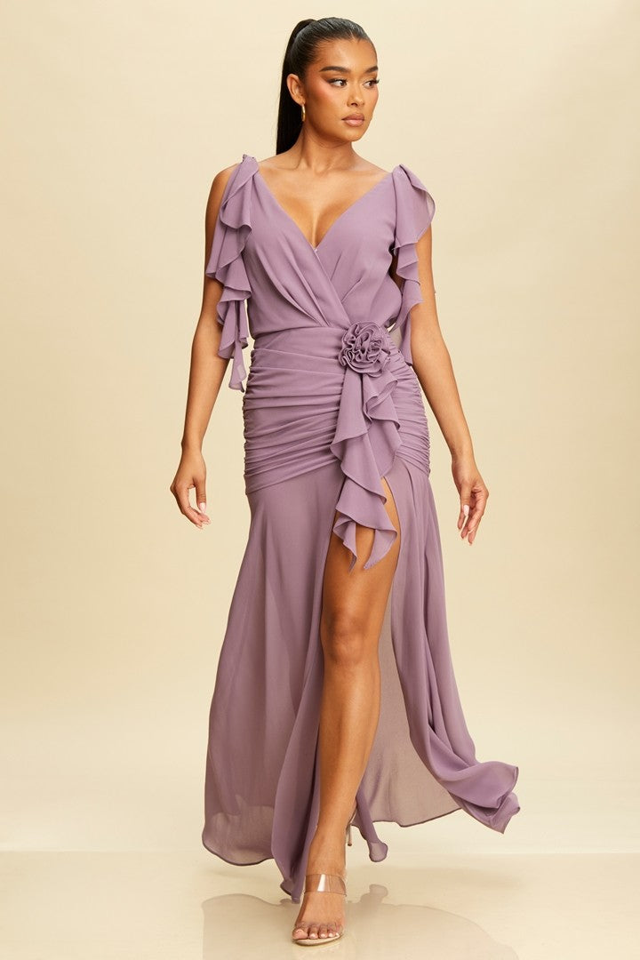 Vestido largo Tie Shoulder Ruched Side Slit Dress