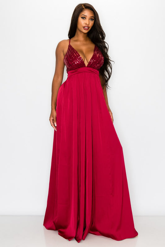 Vestido Largo Sequence V-Neck Halter Maxi Dress
