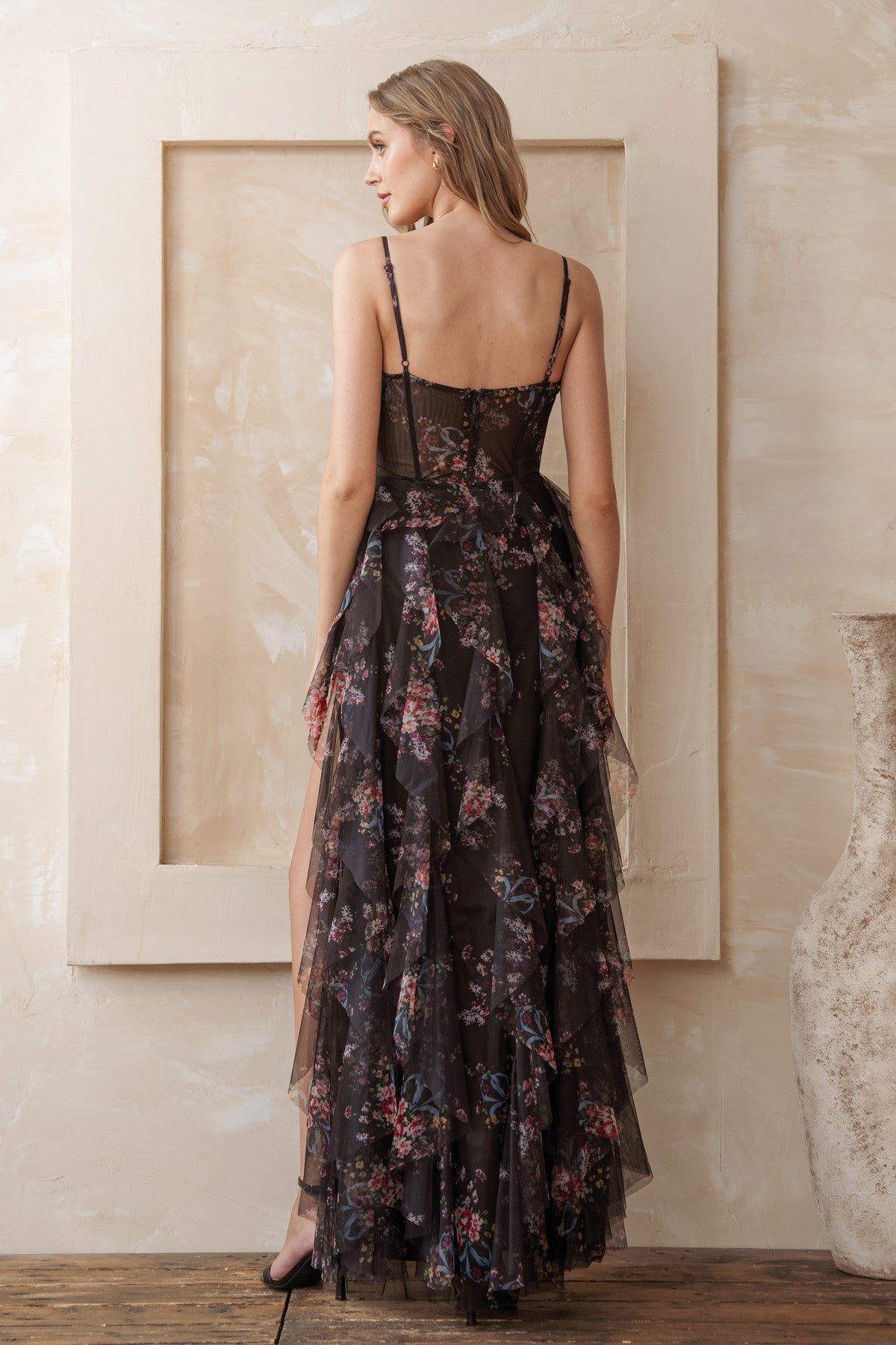 Vestido Largo Print Inside Top And Ruffle Dress