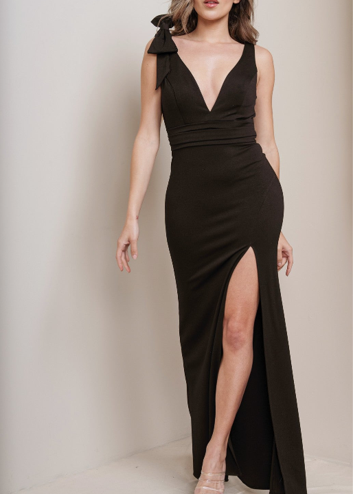Vestido Largo Deep V-Neck Fitted Dress With Slit