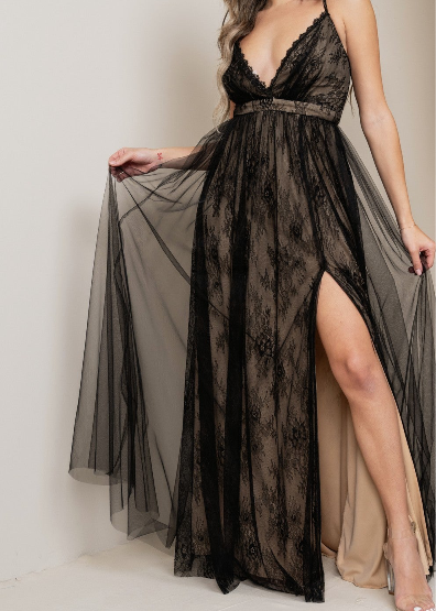 Vestido Largo Deep V - Neck Mesh Dress