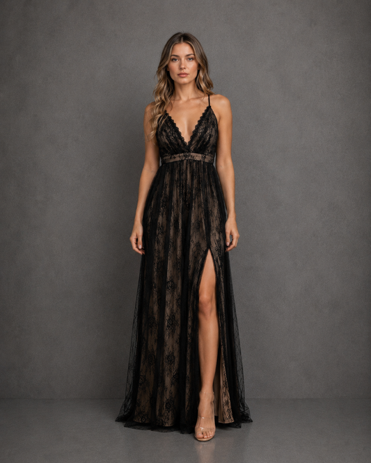 Vestido Largo Deep V - Neck Mesh Dress