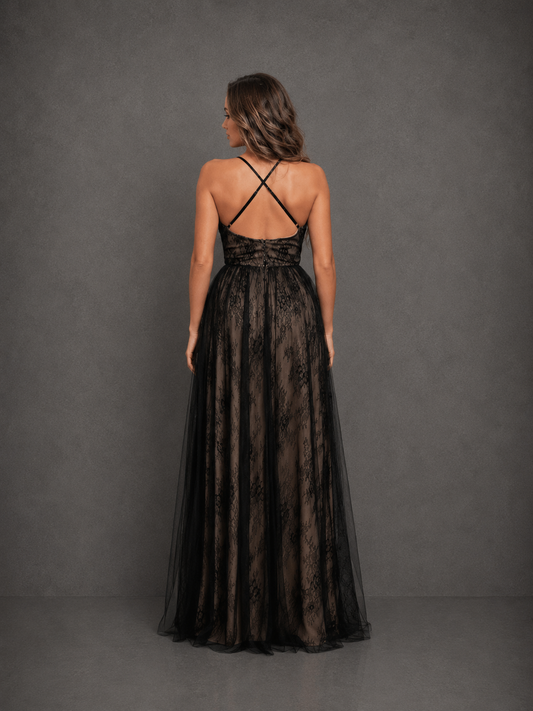 Vestido Largo Deep V - Neck Mesh Dress