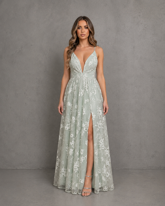 Vestido Largo Glitter Embroidered Dress