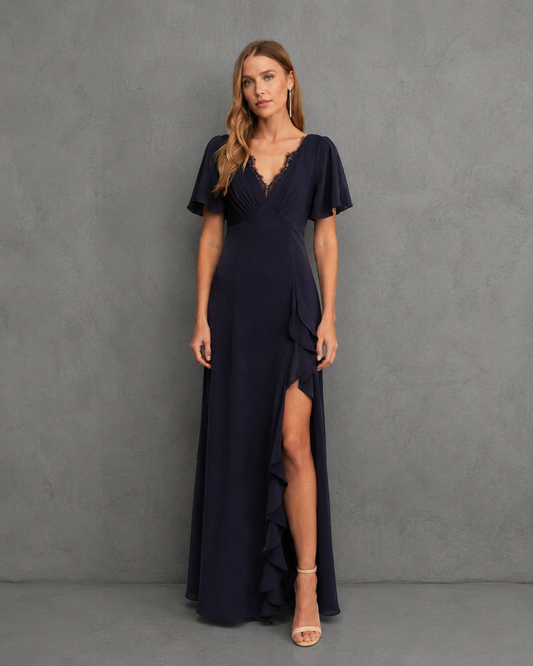Vestido Largo Fiesta Split Sleeve Ruffle Maxi Dress
