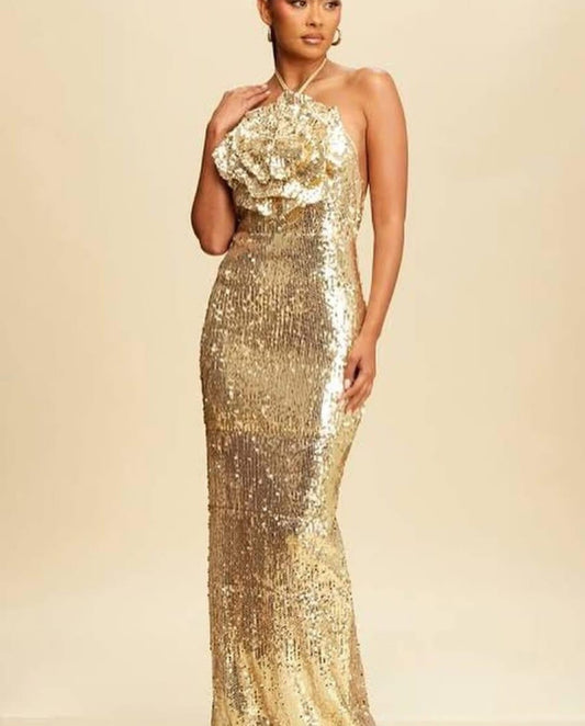 Vestido Largo Sequins & Flower Dress